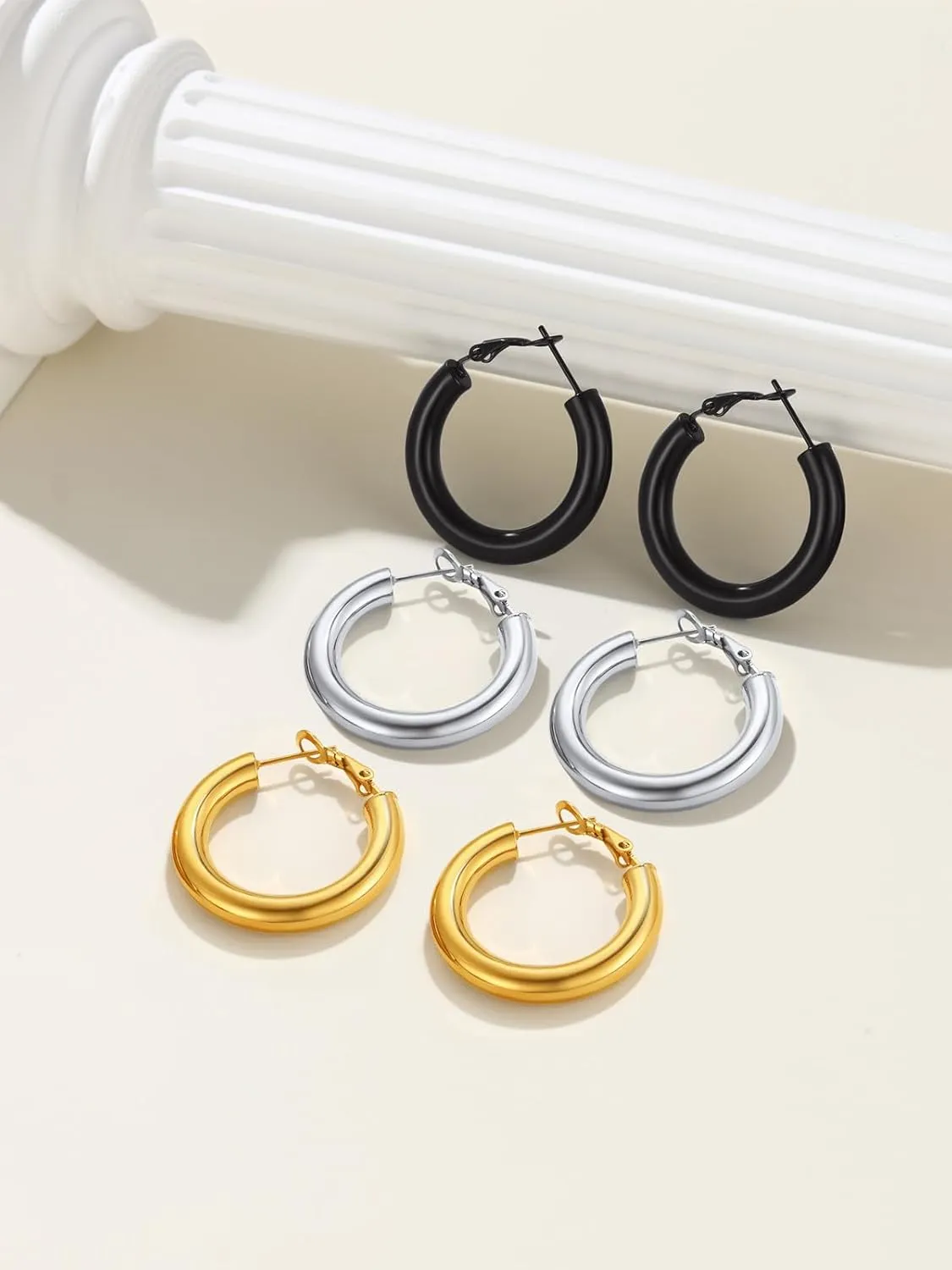 Classic Black/18K Gold Plated/Stainless Steel Hoop Earrings for Women 20mm/30mm/40mm/60mm/80mm Oversized Hypoallergenic Chunky Tube Hoops Rounded Loop Earrings Come with Box
