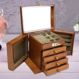 CNCEST Jewellery Box, Large Retro Brown 5 Layers Wooden Jewellery Box with Combo Mirror Lock Ring Necklace Earrings Display Organizer for Women Girls US