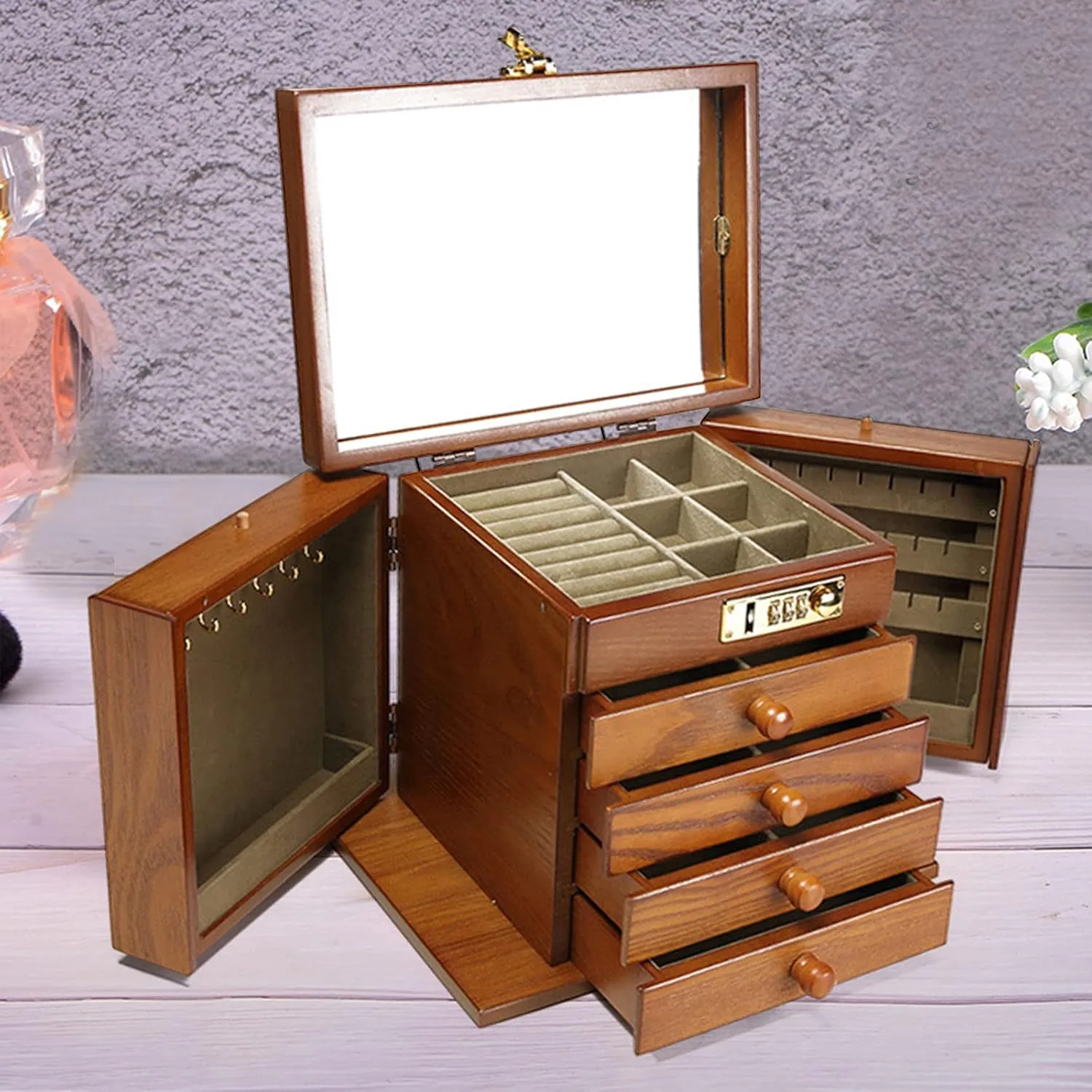 CNCEST Jewellery Box, Large Retro Brown 5 Layers Wooden Jewellery Box with Combo Mirror Lock Ring Necklace Earrings Display Organizer for Women Girls US