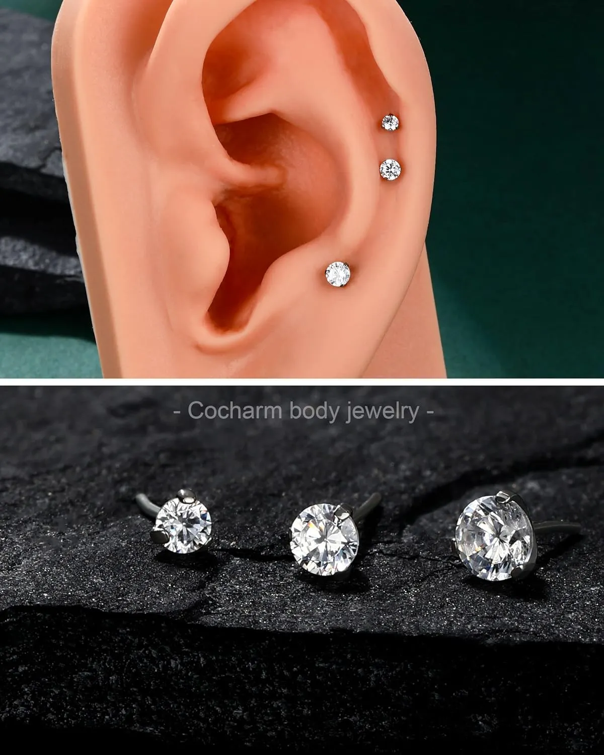 COCHARM 4pcs G23 Titanium 16g Flat Back Cartilage Earrings Stud Set Threadless 6mm 8mm 10mm CZ Helix Earrings Push in Tragus Piercing 16 Gauge Conch Earrings Stud Surgical Steel Labret Medusa Stud Labret Medusa Piercing