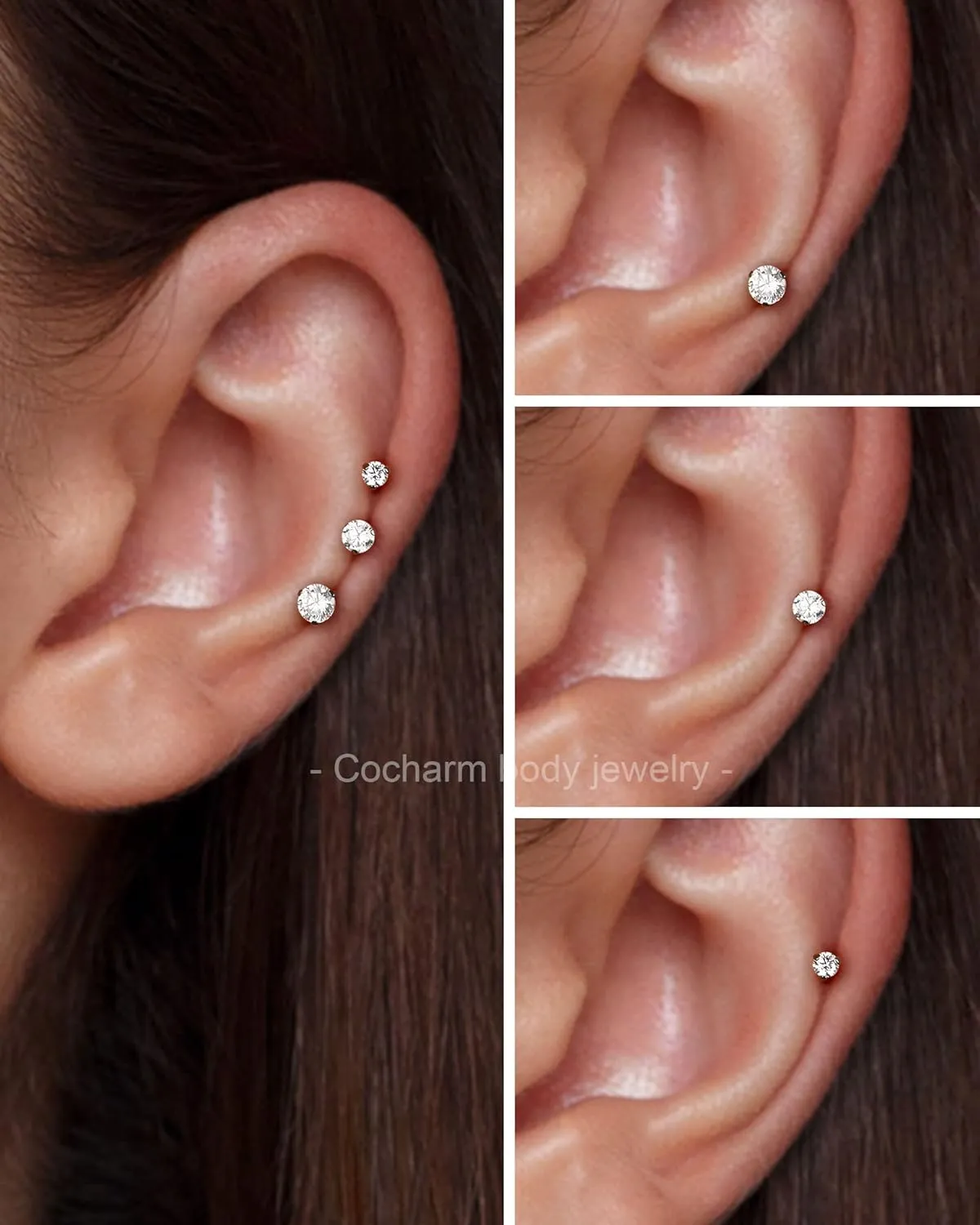 COCHARM 4pcs G23 Titanium 16g Flat Back Cartilage Earrings Stud Set Threadless 6mm 8mm 10mm CZ Helix Earrings Push in Tragus Piercing 16 Gauge Conch Earrings Stud Surgical Steel Labret Medusa Stud Labret Medusa Piercing
