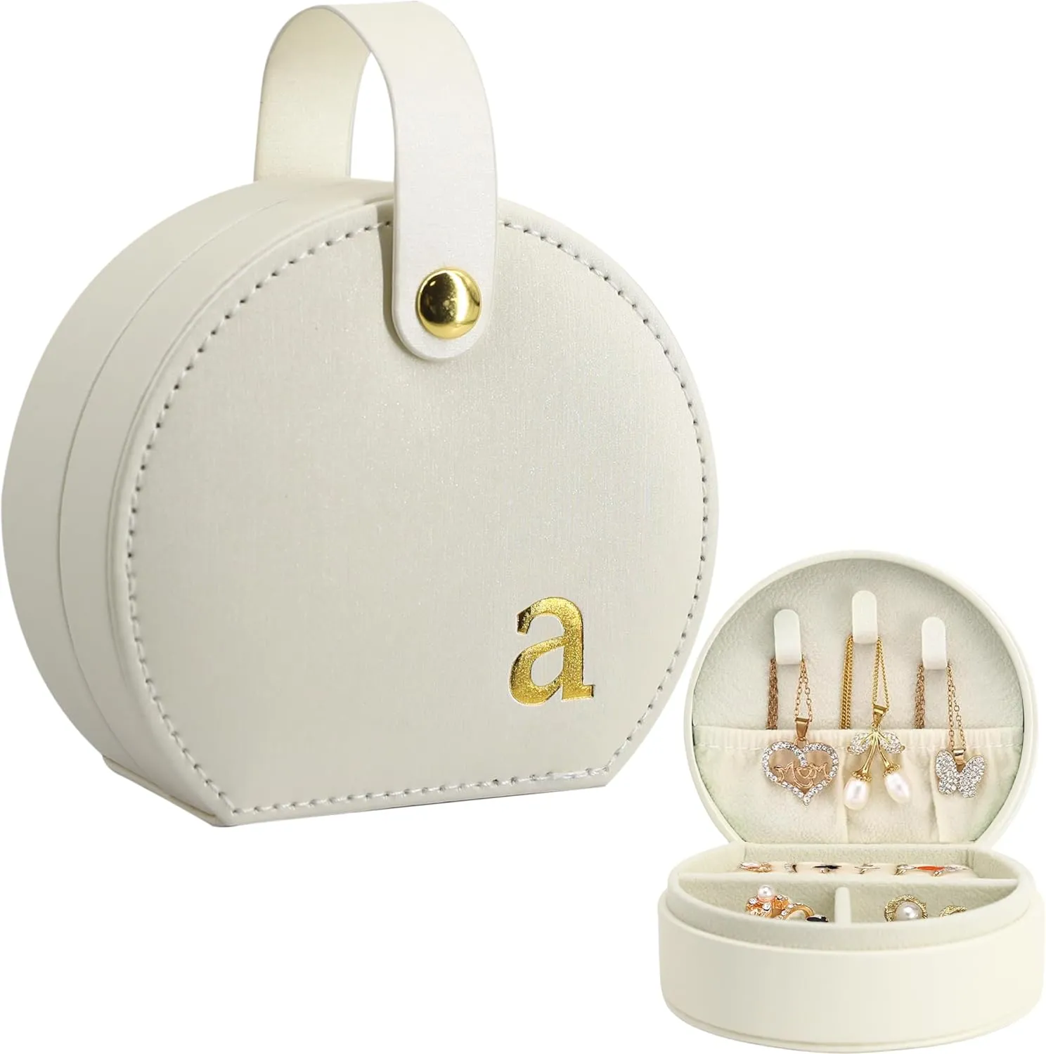 COLLECTIVE HOME - Travel Jewelry Case, Elegant Half-Moon Design with Gold Monogram, Detachable Handle, Personalized Accessory Organizer, Gift for Fashion-Forward Women and Teens (a)