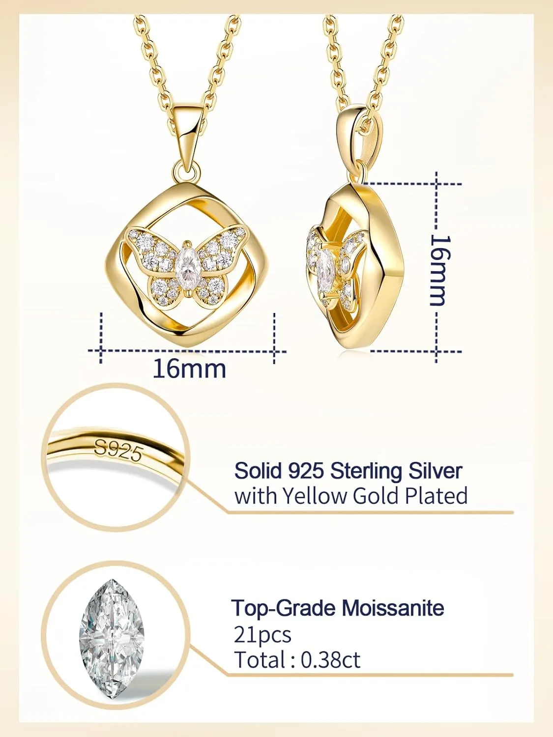 Color-D VVS1 Clarity Moissanite Butterfly Pendant Necklace for Women, Really Authentic Solid 925 Sterling Silver, 16"/18"/20" Adjustable Chain, Anniversary Mother's Day Christmas Valentines Gift