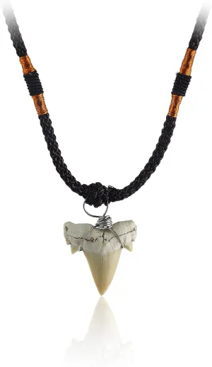 COLORFUL BLING Authentic Shark Tooth Pendant Necklace Fossilized Prehistoric Shark Teeth Braided Leather Cord Hawaiian Beach Surfer Natural Animal Jewelry for Men