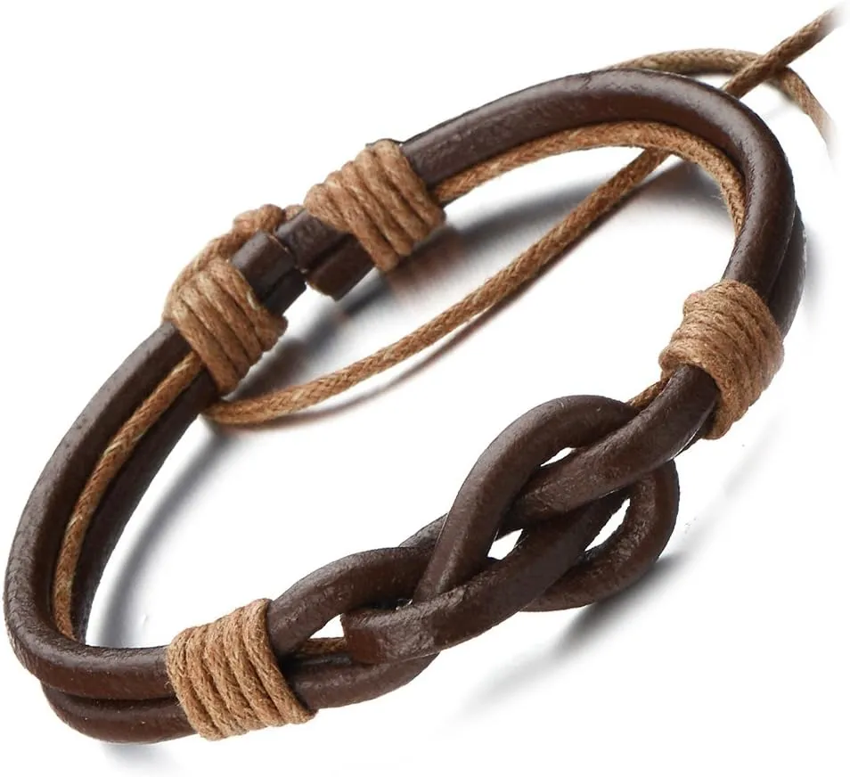 COOLSTEELANDBEYOND Friendship Nautical Knot Multi-row Brown Leather Bracelet Mens Genuine Leather Wristband Wrap Bracelet
