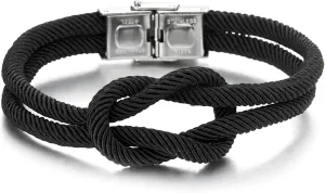 COOLSTEELANDBEYOND Men Women Friendship Nautical Knot Black Cotton Straps Double-Lap Wristband Bracelet, Buckle Clasp