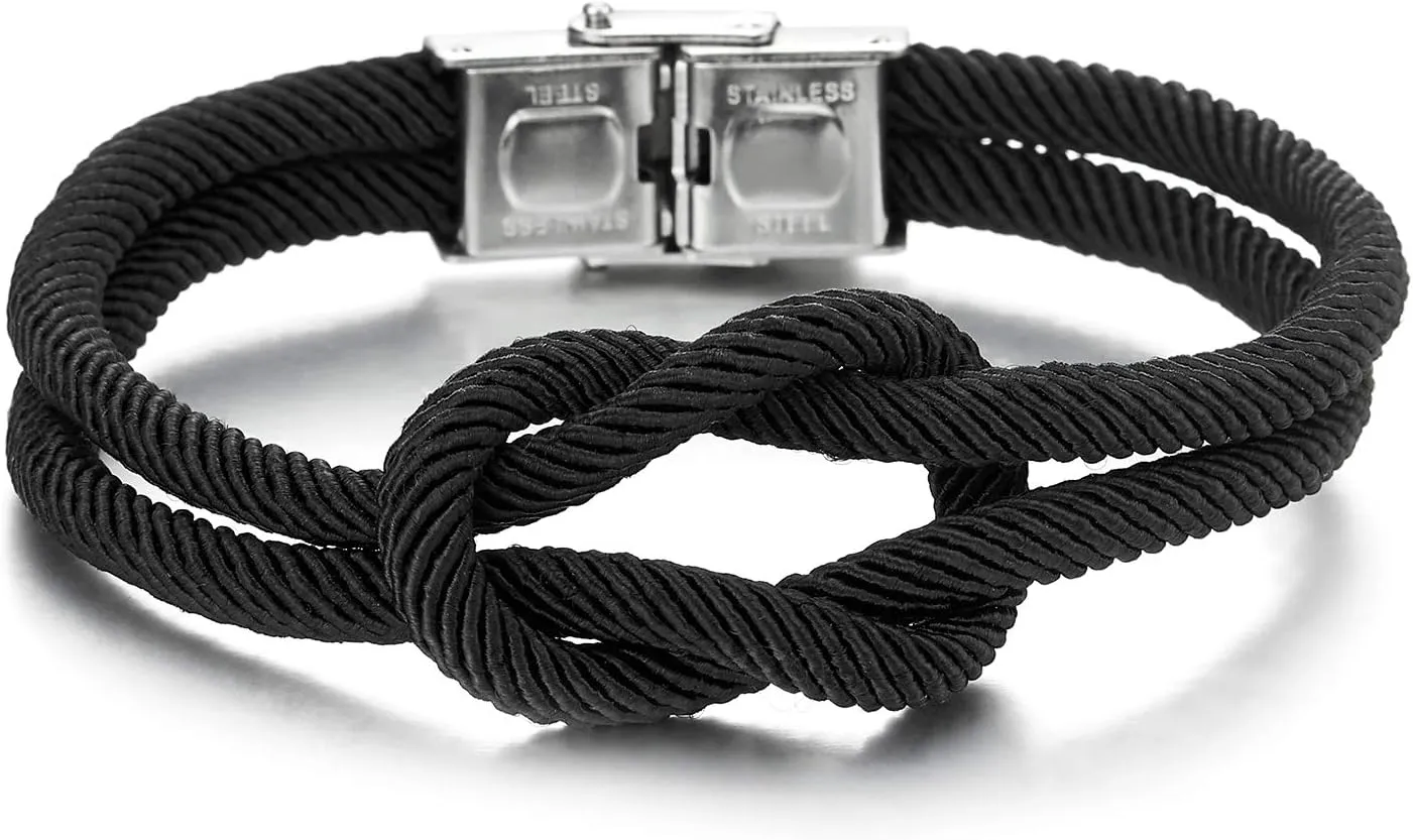 COOLSTEELANDBEYOND Men Women Friendship Nautical Knot Black Cotton Straps Double-Lap Wristband Bracelet, Buckle Clasp