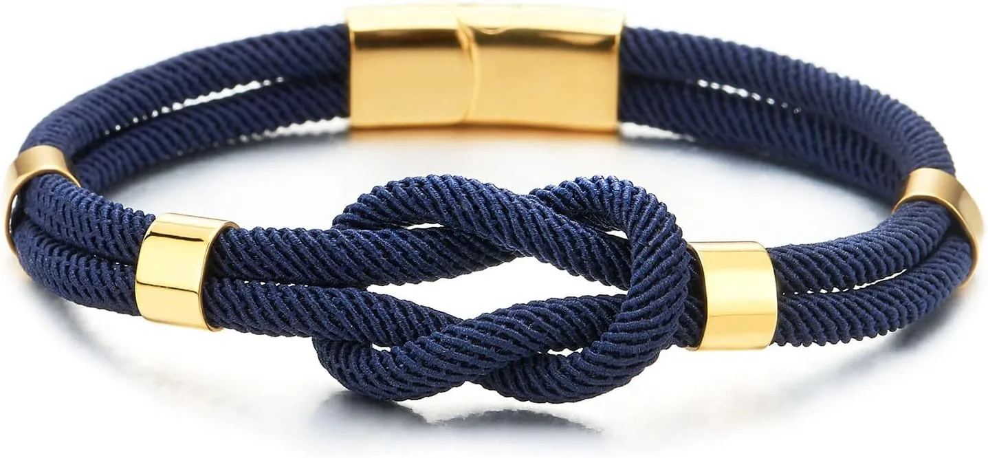 COOLSTEELANDBEYOND Mens Women Friendship Nautical Knot Dark Blue Cotton Straps Double-Lap Wristband Gold Color Bracelet
