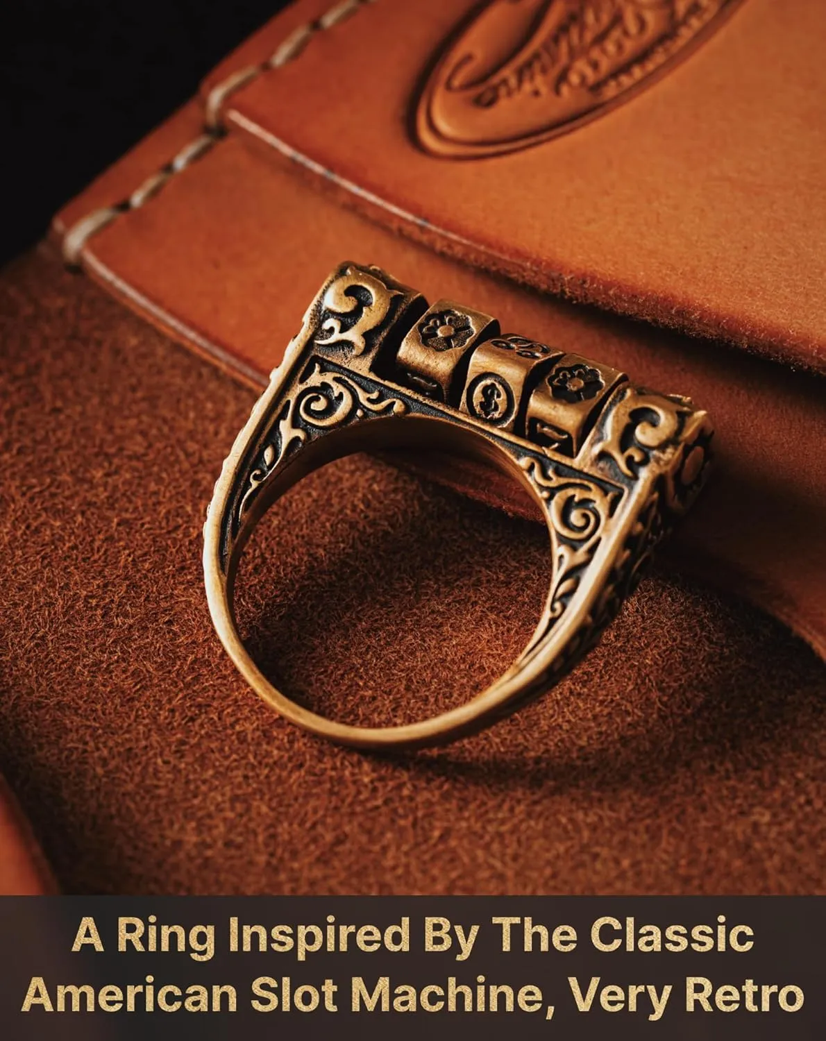 COPPERTIST.WU Slot Machine Ring Pendant  Vintage Brass Jewelry with Lucky Symbols, Interactive Mini Slot Machine Design, Four-Leaf Clover, Cherry, Number 7, Fun Gift for Trendsetters