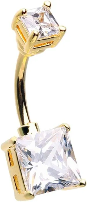 Covet Jewelry Golden Classic Square Princess Cut Prong Cubic Zirconia Belly Button Ring