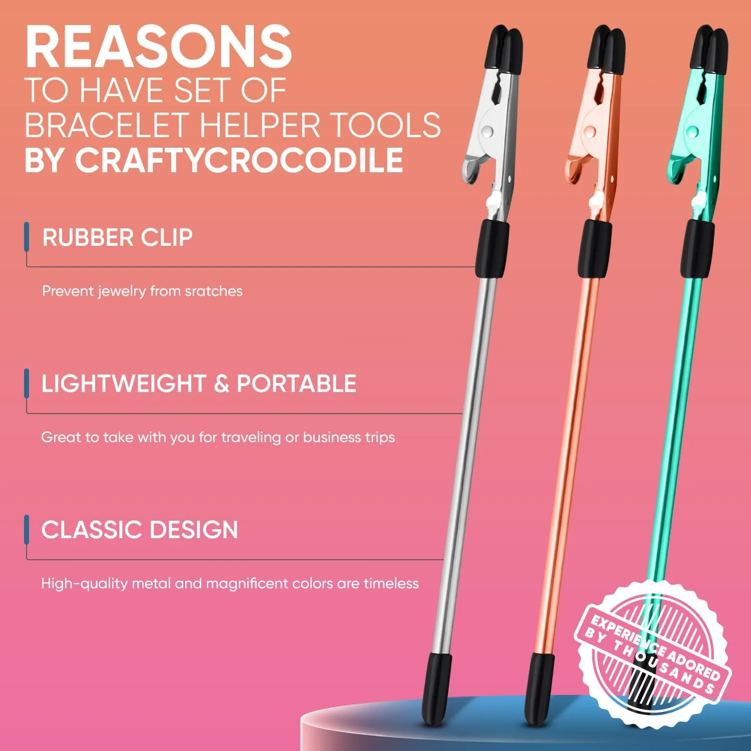 CraftyCrocodile Set of 3 Bracelet Helper Tool - Fastener Tool for Bracelet, Necklace, Jewelry, Watch - lip, Clasp Helper - Easy to Put on Yourself, Portable, Made of Metal, Silver, Rose, Teal