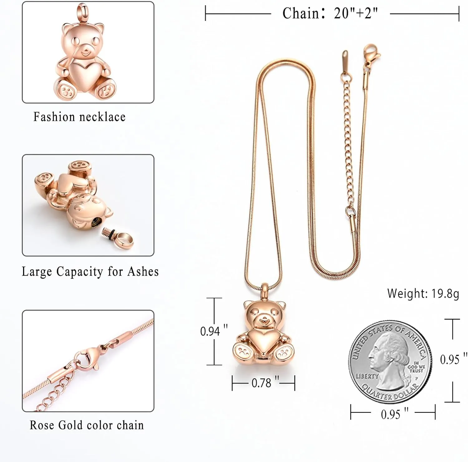 Cremation Jewelry - Teddy Bear Urn Necklace for Men Women with Mini Keepsake Urn Memorial Ash Jewelry