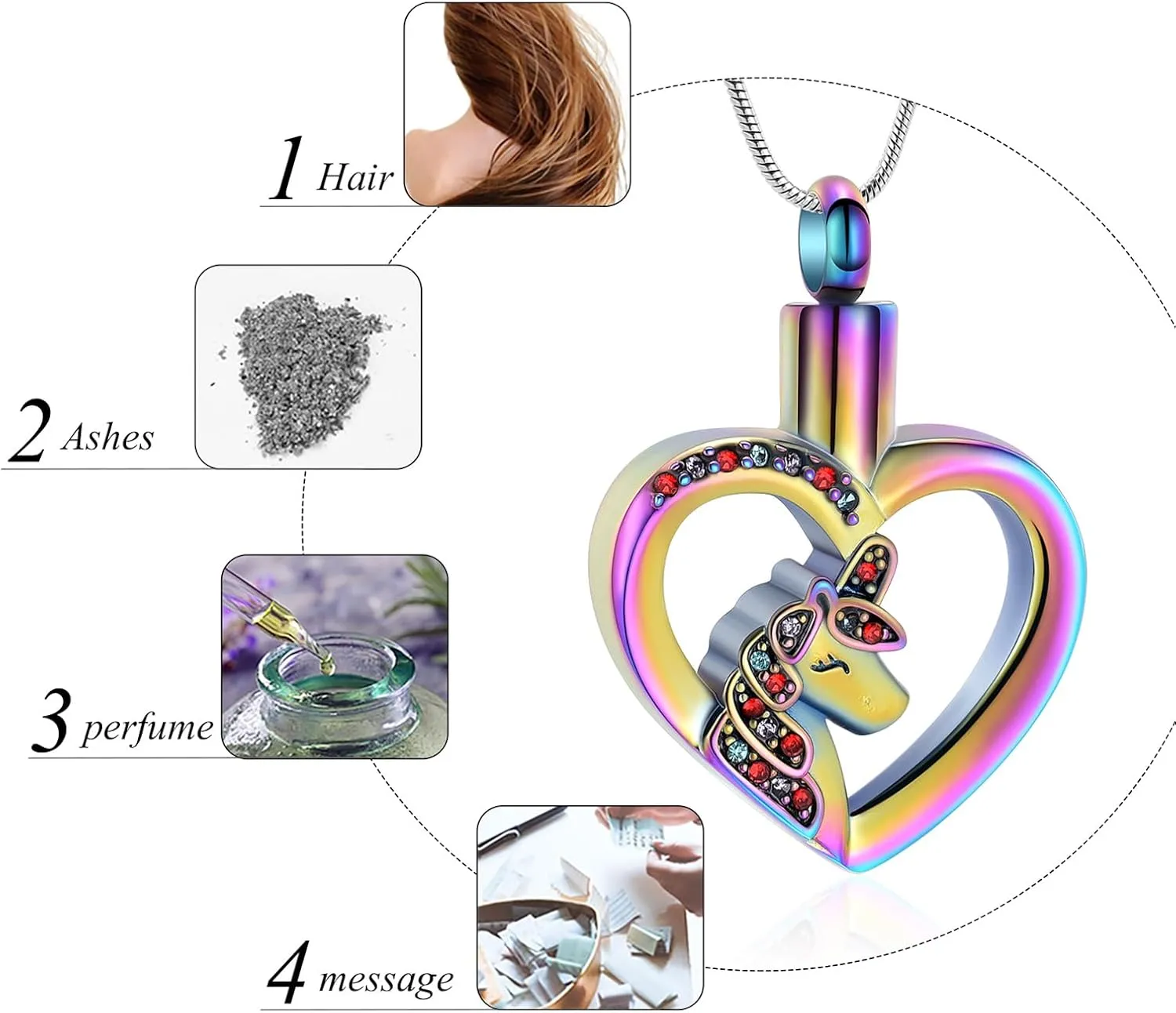 Cremation Jewelry Unicorn Heart Charm Pendant Necklace Cremation Urns Jewelry Ashes Keepsake Stainless Steel Crystal Pendant