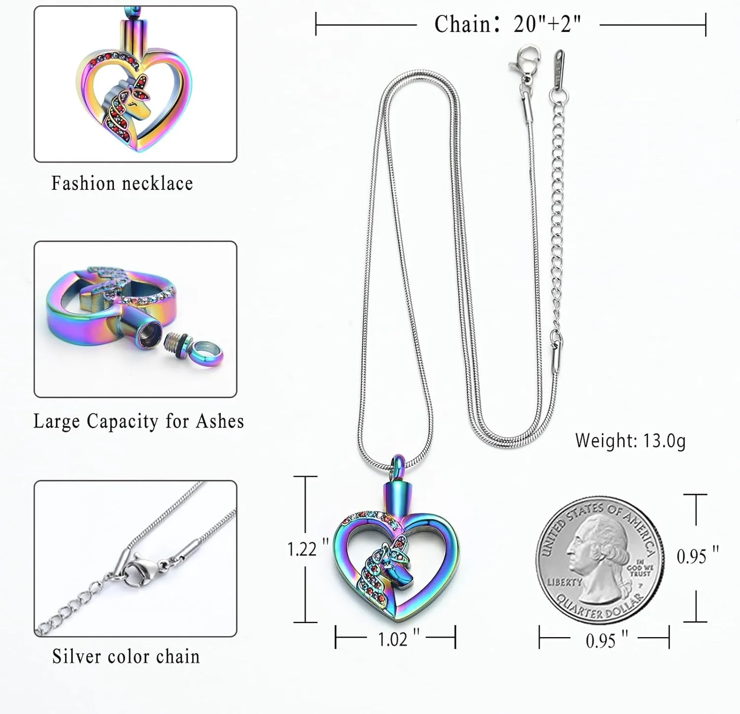 Cremation Jewelry Unicorn Heart Charm Pendant Necklace Cremation Urns Jewelry Ashes Keepsake Stainless Steel Crystal Pendant