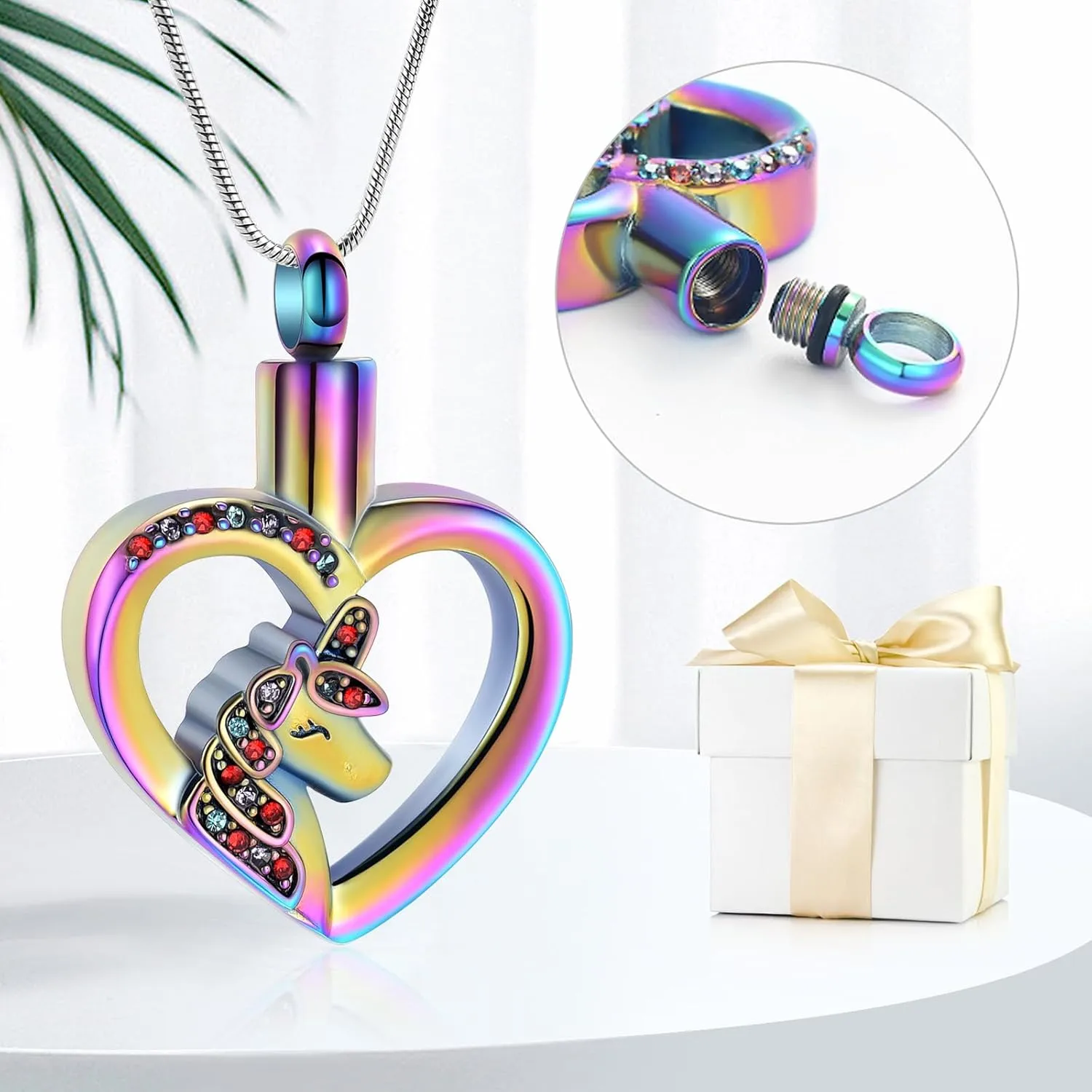 Cremation Jewelry Unicorn Heart Charm Pendant Necklace Cremation Urns Jewelry Ashes Keepsake Stainless Steel Crystal Pendant