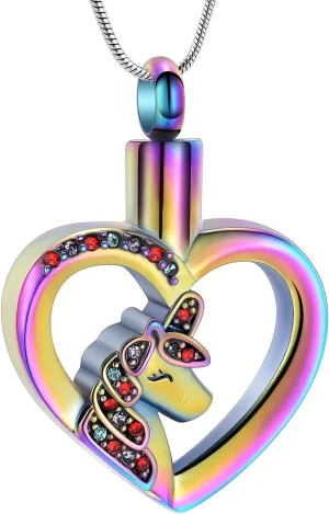 Cremation Jewelry Unicorn Heart Charm Pendant Necklace Cremation Urns Jewelry Ashes Keepsake Stainless Steel Crystal Pendant