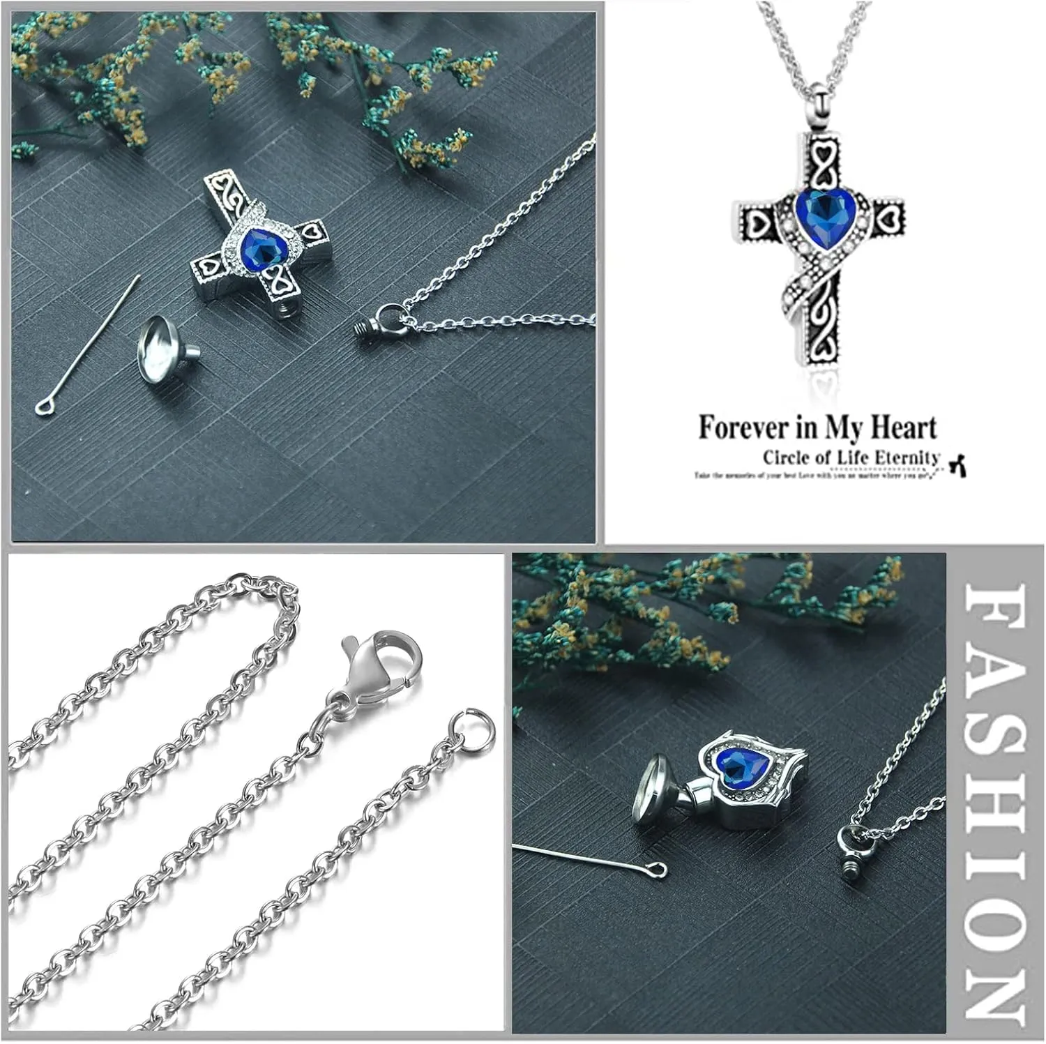Cremation Urn Necklace Set of 5 - Crystal Heart Cremation Jewelry Memorial Keepsake Urn for Human Ashes Pendant Necklace for Women & Men