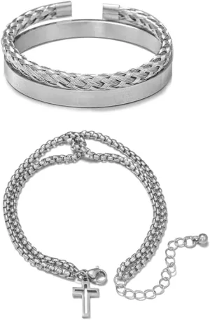 Cross Bangle Bracelet Set,Stackable Stainless Steel Bracelet Set,Twisted Cable Adjustable Cuff Roman Numeral Bangle Bracelet,Protection Prayer Jewelry Religious Gifts