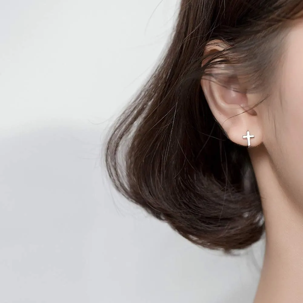Cross Criss Sterling Silver Tiny Sleeper Hoop Earrings for Women Girls Minimalist Faith Hope Small Cartilage Tragus Huggie Hoops Cuffs Studs Fashion Jewelry Unisex Hypoallergenic