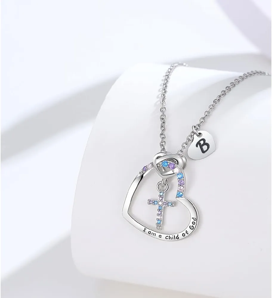 Cross Necklace for Girls | I am a child of God Necklace for Girls | Cross Birthstone Necklace | Heart Letter initial Necklace | 18K White Gold Plated Pendant Jewelry First Communion Baptism Gifts Christmas Birthday Gifts for Girl Women