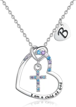 Cross Necklace for Girls | I am a child of God Necklace for Girls | Cross Birthstone Necklace | Heart Letter initial Necklace | 18K White Gold Plated Pendant Jewelry First Communion Baptism Gifts Christmas Birthday Gifts for Girl Women