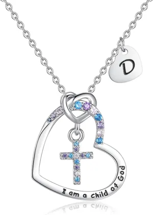 Cross Necklace for Girls | I am a child of God Necklace for Girls | Cross Birthstone Necklace | Heart Letter initial Necklace | 18K White Gold Plated Pendant Jewelry First Communion Baptism Gifts Christmas Birthday Gifts for Girl Women