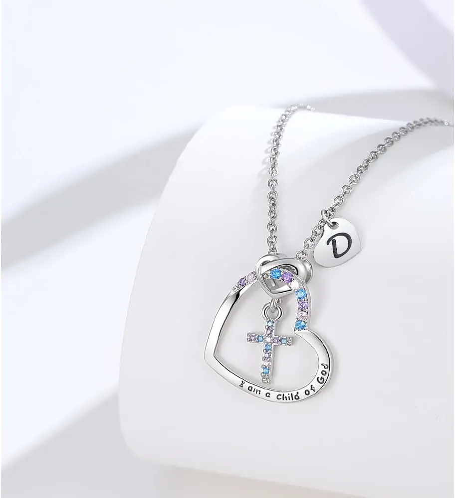 Cross Necklace for Girls | I am a child of God Necklace for Girls | Cross Birthstone Necklace | Heart Letter initial Necklace | 18K White Gold Plated Pendant Jewelry First Communion Baptism Gifts Christmas Birthday Gifts for Girl Women