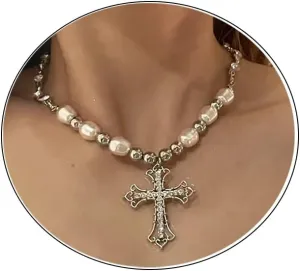 Cross Necklace for Women Cubic Zirconia Cross Pendant Necklace Vintage Baroque Pearl Cross Necklace Bridal Accessory Pearl Jewelry Gift