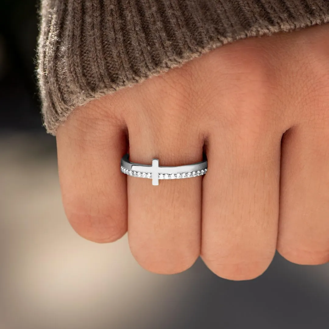 Cross Ring for Women, Cubic Zirconia Purity Ring for Christian, Engrave Let Go & Let God Dainty Trendy Religious Pray Ring