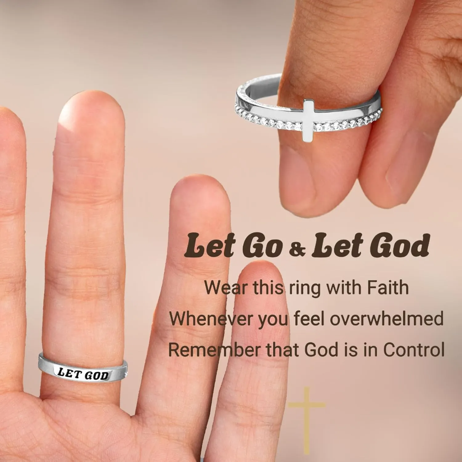 Cross Ring for Women, Cubic Zirconia Purity Ring for Christian, Engrave Let Go & Let God Dainty Trendy Religious Pray Ring