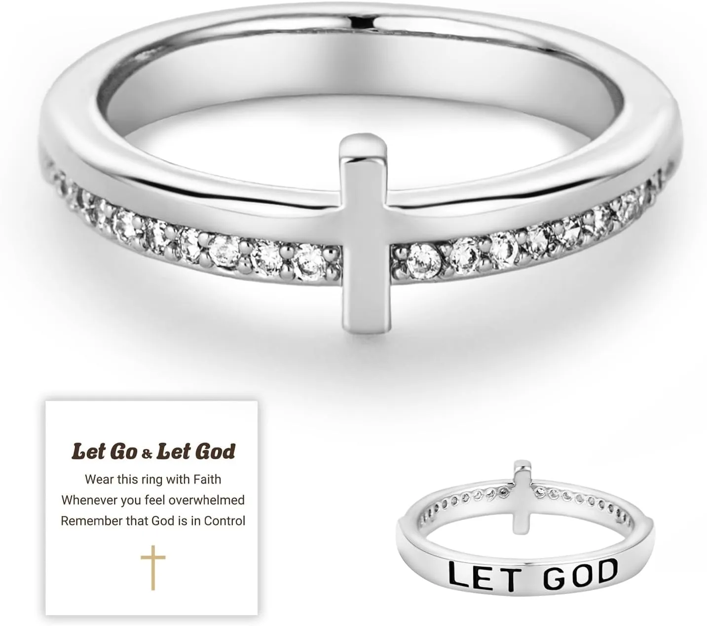 Cross Ring for Women, Cubic Zirconia Purity Ring for Christian, Engrave Let Go & Let God Dainty Trendy Religious Pray Ring