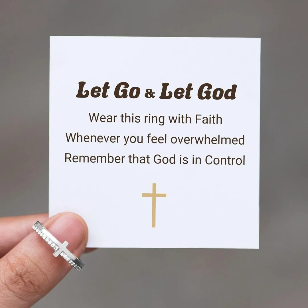 Cross Ring for Women, Cubic Zirconia Purity Ring for Christian, Engrave Let Go & Let God Dainty Trendy Religious Pray Ring