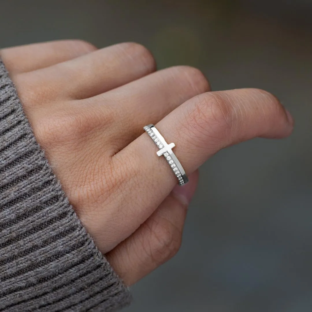 Cross Ring for Women, Cubic Zirconia Purity Ring for Christian, Engrave Let Go & Let God Dainty Trendy Religious Pray Ring