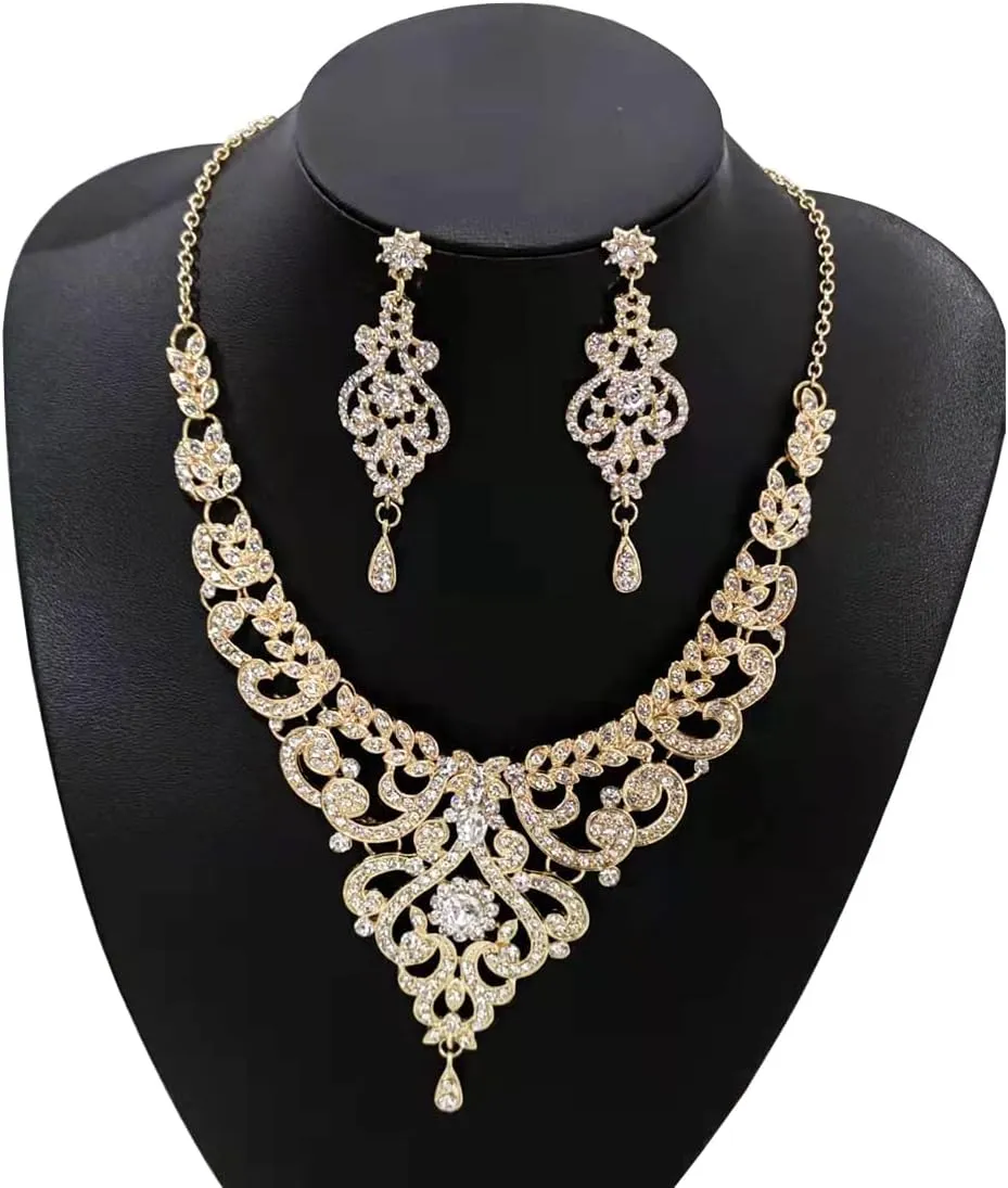Crystal Wedding Jewelry Set Necklace Earring Set For Women and Brides Rose Gold and Silver Bridal Statement Jewelry sets