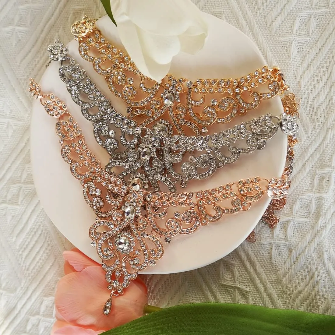Crystal Wedding Jewelry Set Necklace Earring Set For Women and Brides Rose Gold and Silver Bridal Statement Jewelry sets