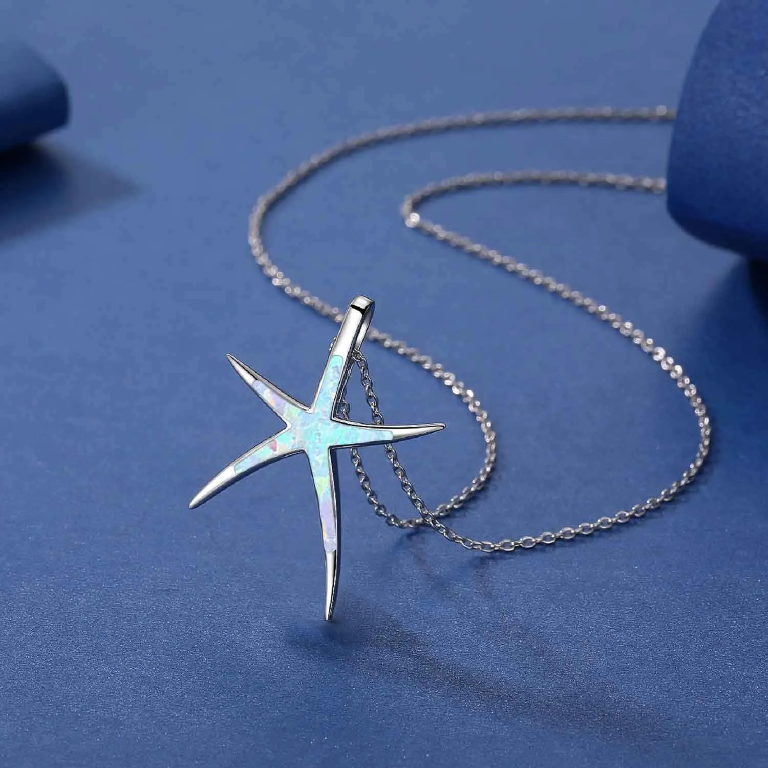 Cuoka Starfish Necklace, 925 Sterling Silver with Opal, Hawaiian Beach Nautical Ocean Pendant, Starfish Jewelry Opal Jewelry Valentine for Women Girlfriend