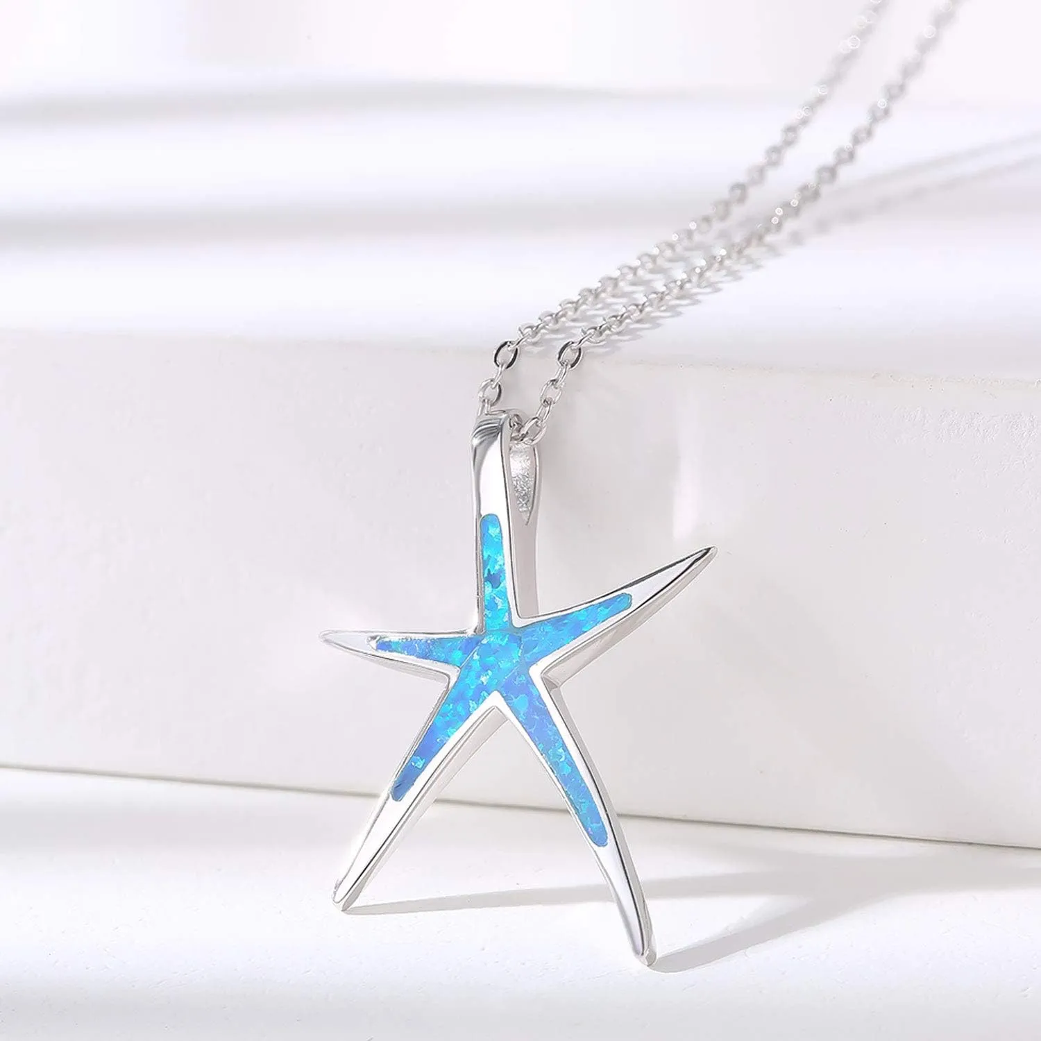Cuoka Starfish Necklace, 925 Sterling Silver with Opal, Hawaiian Beach Nautical Ocean Pendant, Starfish Jewelry Opal Jewelry Valentine for Women Girlfriend