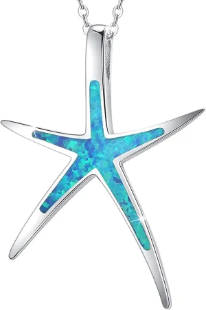 Cuoka Starfish Necklace, 925 Sterling Silver with Opal, Hawaiian Beach Nautical Ocean Pendant, Starfish Jewelry Opal Jewelry Valentine for Women Girlfriend