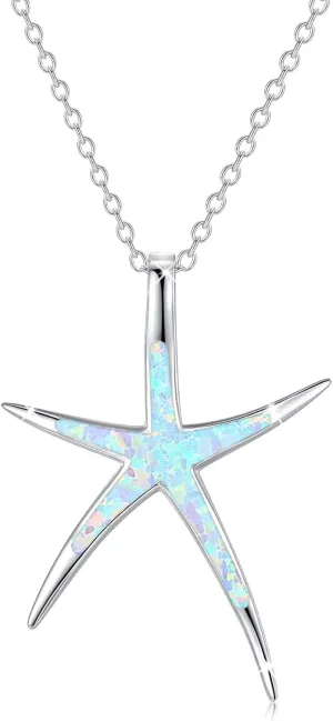 Cuoka Starfish Necklace, 925 Sterling Silver with Opal, Hawaiian Beach Nautical Ocean Pendant, Starfish Jewelry Opal Jewelry Valentine for Women Girlfriend