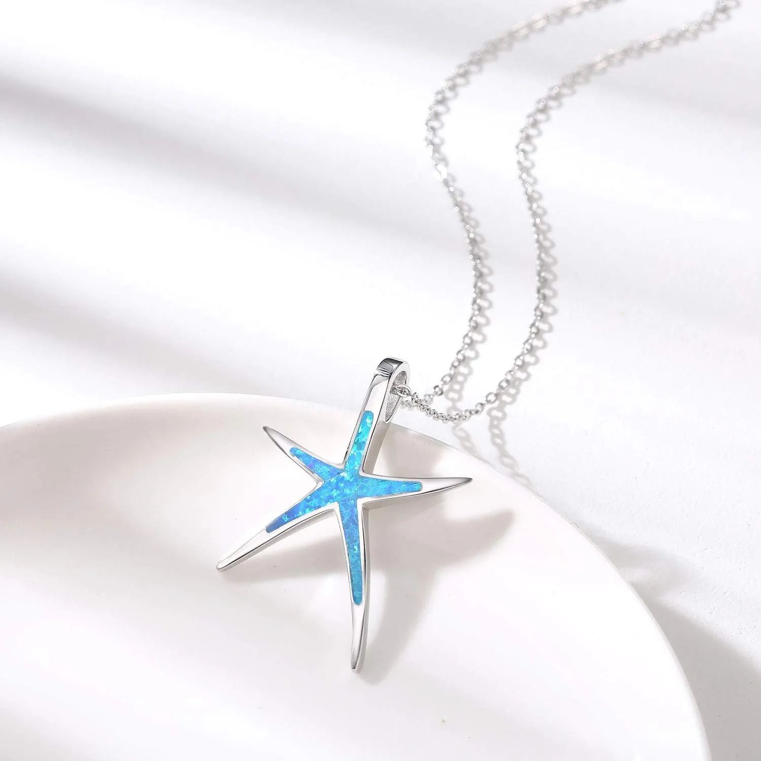 Cuoka Starfish Necklace, 925 Sterling Silver with Opal, Hawaiian Beach Nautical Ocean Pendant, Starfish Jewelry Opal Jewelry Valentine for Women Girlfriend