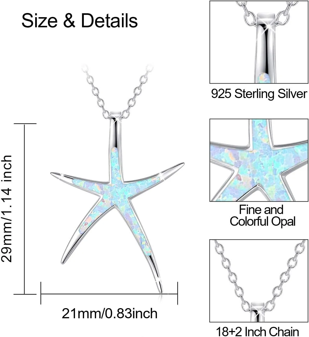 Cuoka Starfish Necklace, 925 Sterling Silver with Opal, Hawaiian Beach Nautical Ocean Pendant, Starfish Jewelry Opal Jewelry Valentine for Women Girlfriend