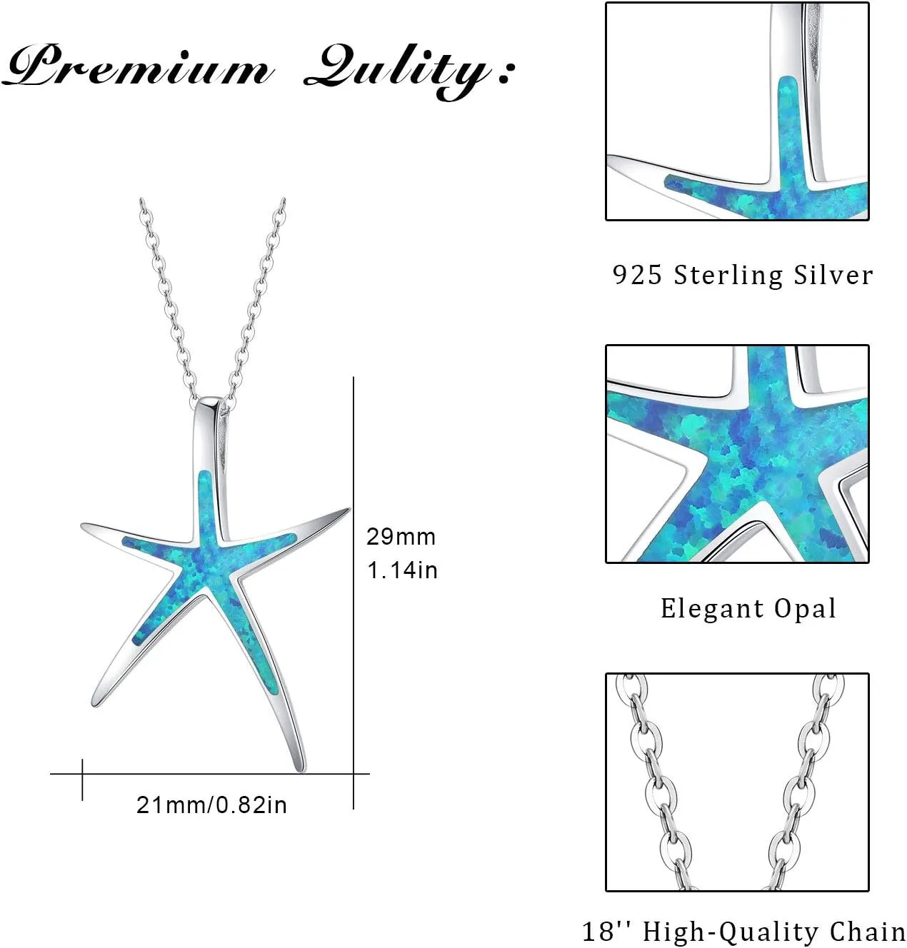 Cuoka Starfish Necklace, 925 Sterling Silver with Opal, Hawaiian Beach Nautical Ocean Pendant, Starfish Jewelry Opal Jewelry Valentine for Women Girlfriend