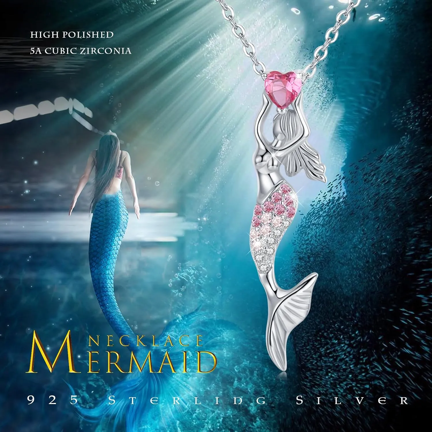 Cuoka Sterling Silver Nautical Mermaid Pendant, Summer Beach Theme Cubic Zirconia Mermaid Jewelry, Graduate Gifts for Women Girls