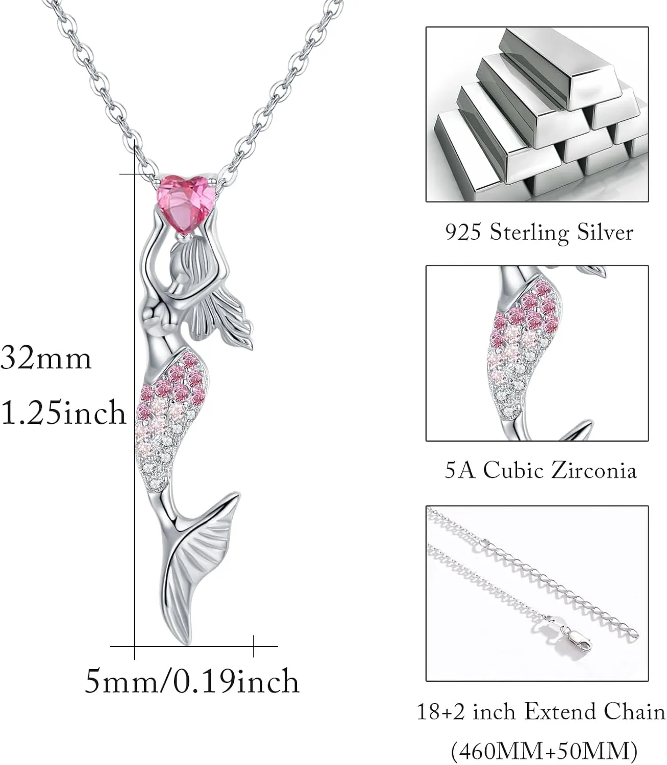 Cuoka Sterling Silver Nautical Mermaid Pendant, Summer Beach Theme Cubic Zirconia Mermaid Jewelry, Graduate Gifts for Women Girls