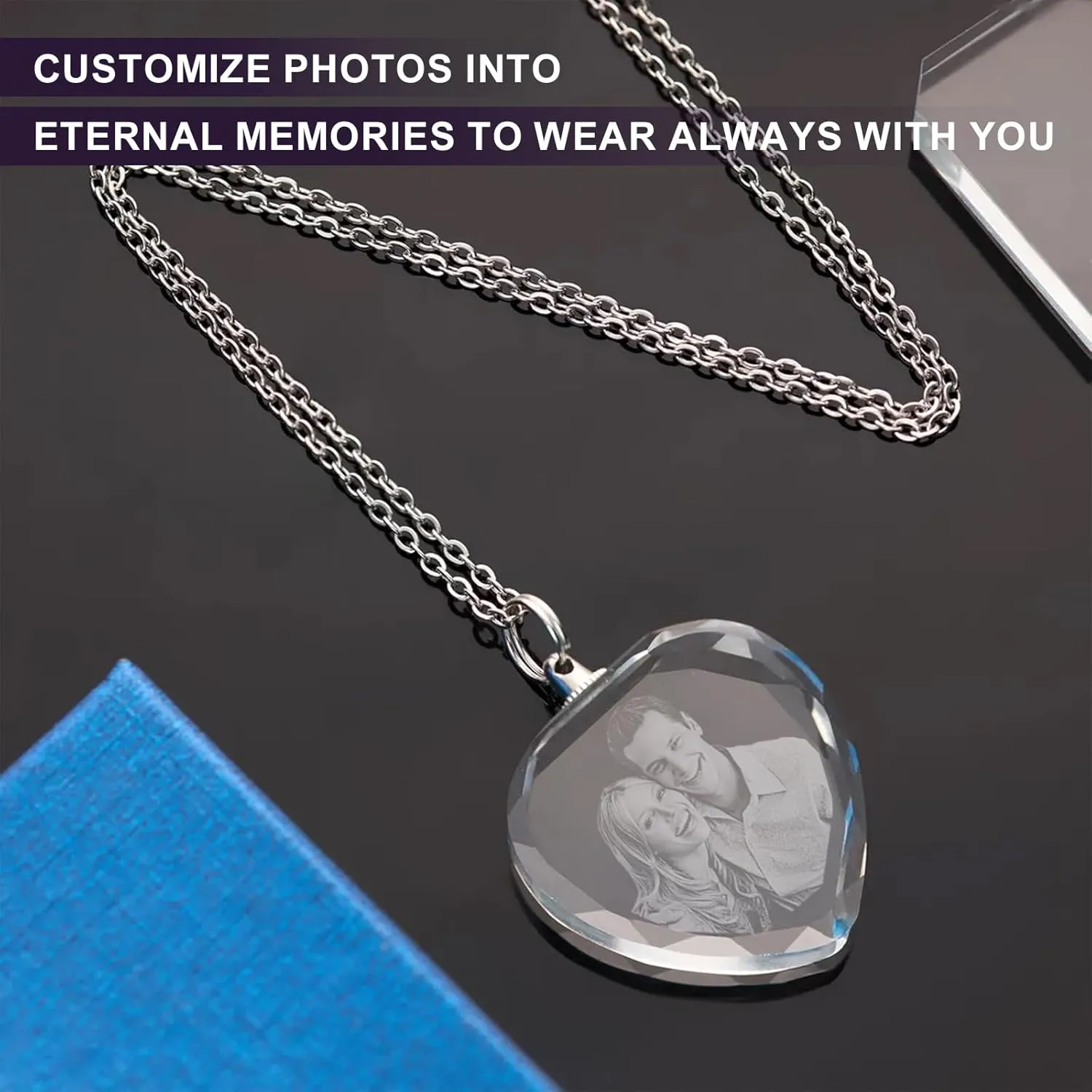 Custom Crystal Photo Mothers Day Heart Necklace, Personalized Necklace Gifts for Mom 2D/3D Picture in Crystal, Customized Memorial Gifts Necklace with Your Own Photo for Women, Wife, Grandma