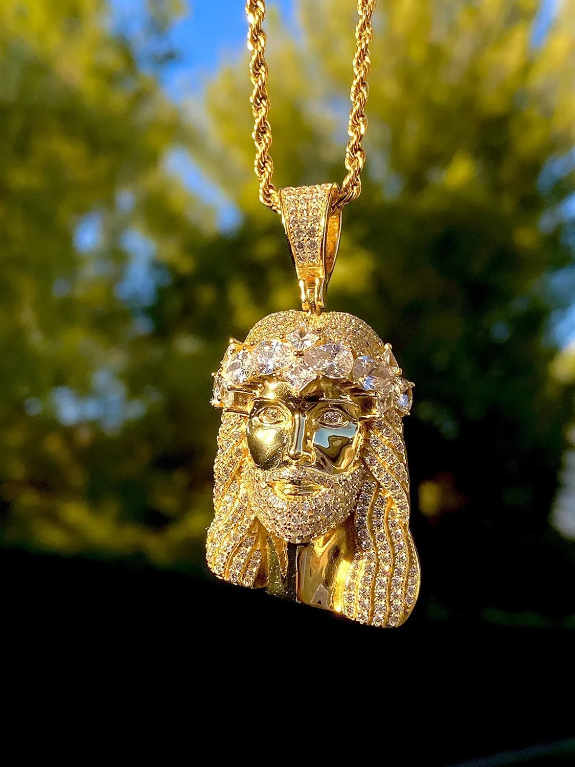 Custom Face of Christ Men Women 925 Italy Gold Finish Iced Silver Charm Pendant Stainless Steel Real 3 mm Rope Chain, Mans Jewelry, Iced Pendant, Rope Necklace 16"- 24"