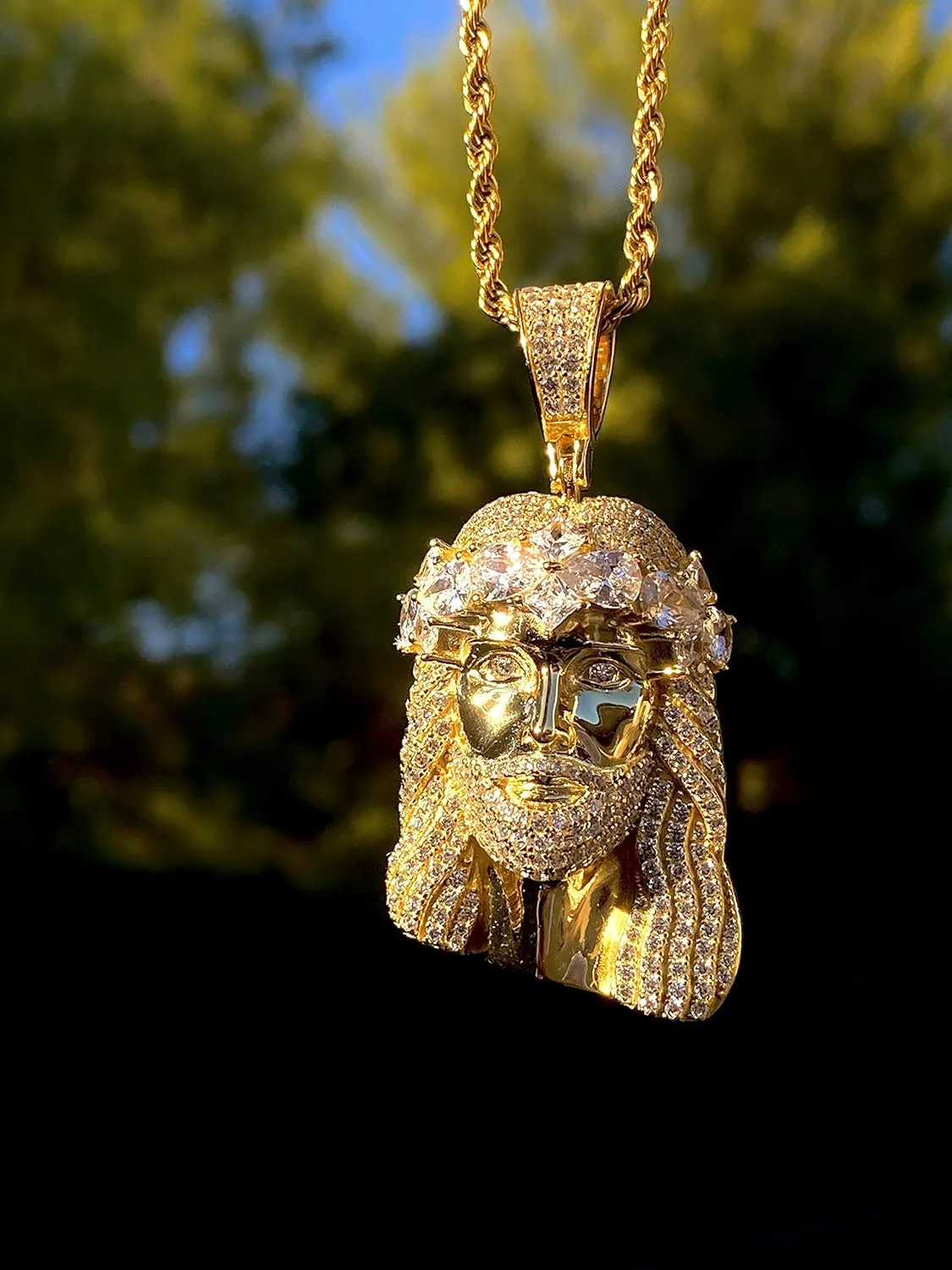 Custom Face of Christ Men Women 925 Italy Gold Finish Iced Silver Charm Pendant Stainless Steel Real 3 mm Rope Chain, Mans Jewelry, Iced Pendant, Rope Necklace 16"- 24"