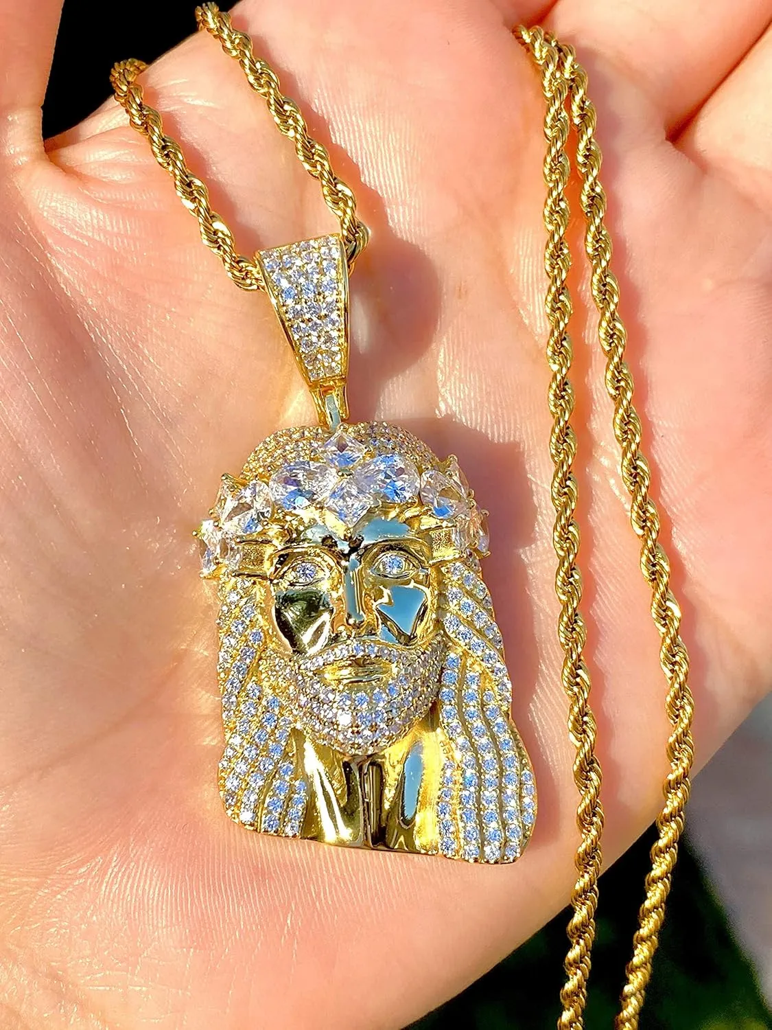 Custom Face of Christ Men Women 925 Italy Gold Finish Iced Silver Charm Pendant Stainless Steel Real 3 mm Rope Chain, Mans Jewelry, Iced Pendant, Rope Necklace 16"- 24"