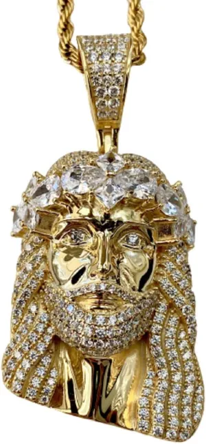 Custom Face of Christ Men Women 925 Italy Gold Finish Iced Silver Charm Pendant Stainless Steel Real 3 mm Rope Chain, Mans Jewelry, Iced Pendant, Rope Necklace 16"- 24"