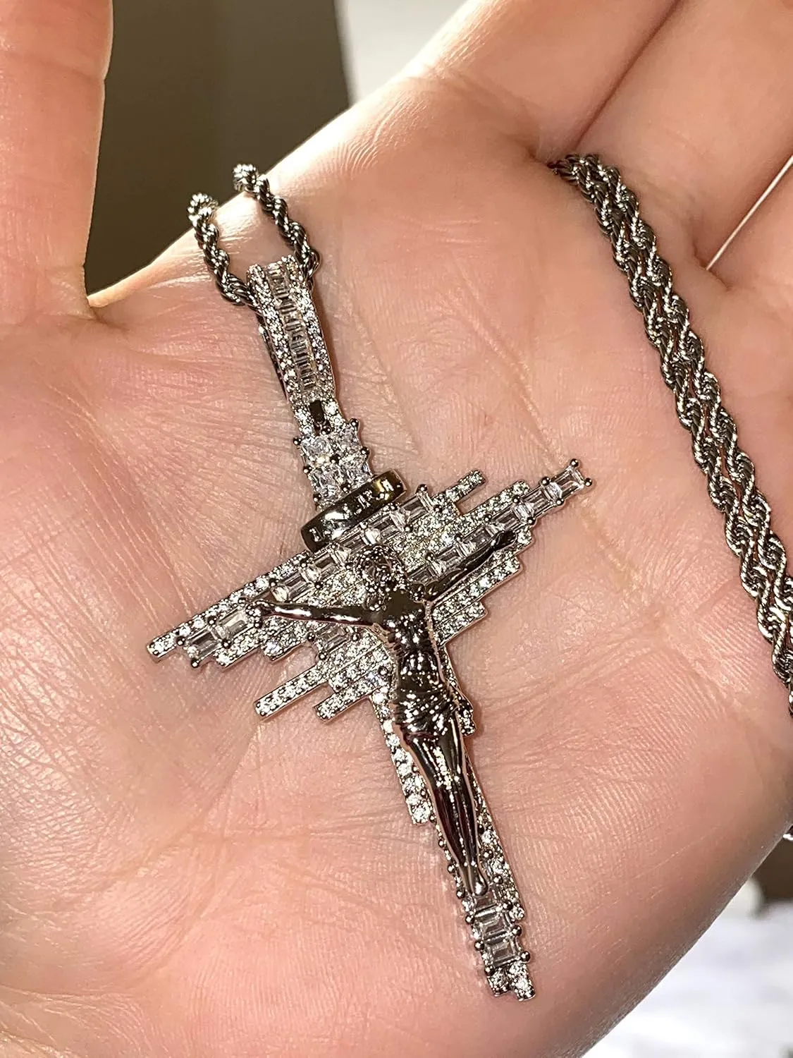 Custom JESUS CROSS Crucifix Iced Out Diamond cz Necklace Men Women 925 Italy Gold Finish Iced Silver Charm Ice Out Pendant Stainless Steel Real 3 mm Rope Chain, Iced Pendant, Rope Necklace